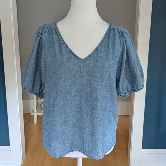 J. Crew Factory Women's Chambray V-Neck Puff Sleeves Top Blue Boho Shirt - Picture 1 of 9